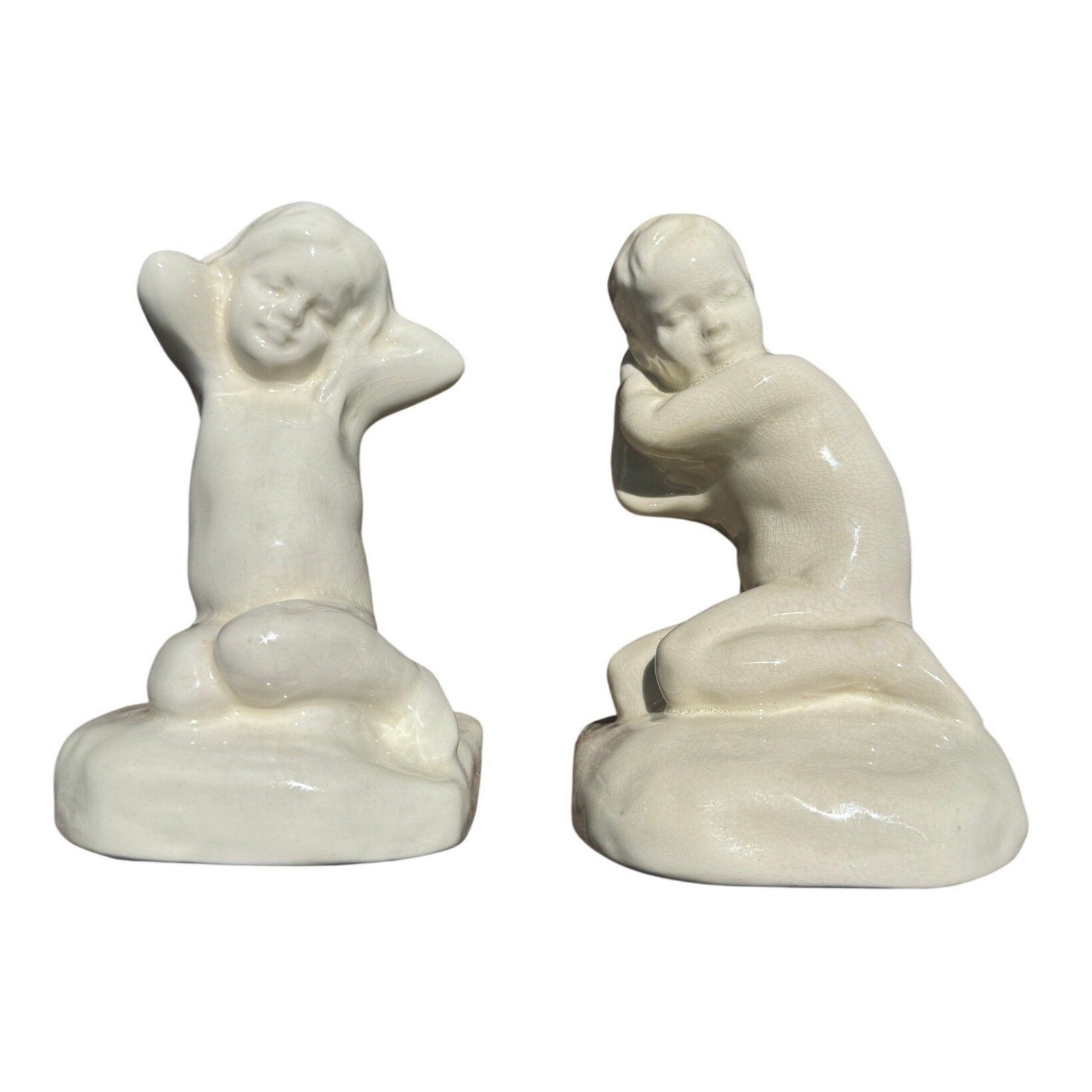 Antique Cowan Pottery 1914-1917 Boy & Girl Ivory Glaze Bookends Frank Wilcox