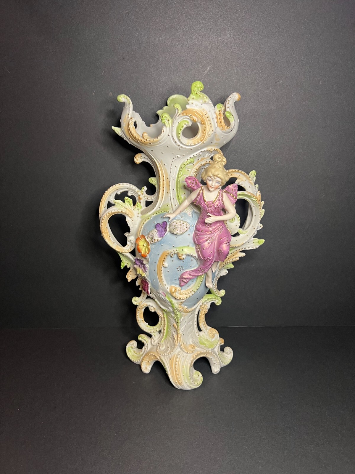 VTG Rare Saxony Art Nouveau 3D Porcelain Ornate Floral Woman Figural Vase 12.5 VTG Rare Saxony Art Nouveau 3D Porcelain Ornate Floral Woman Figural Vase 12.5
