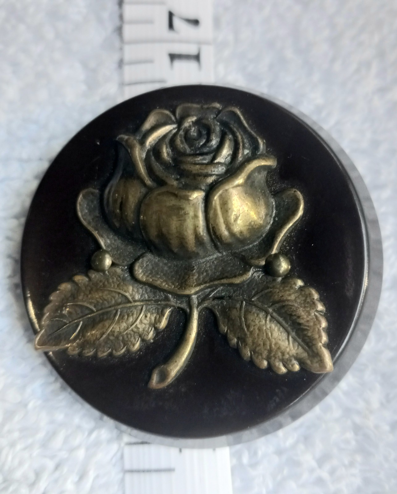 Vtg 1930s XL Brown Bakelite Brass Rose Metal Overlay Coat Button 1 3/4