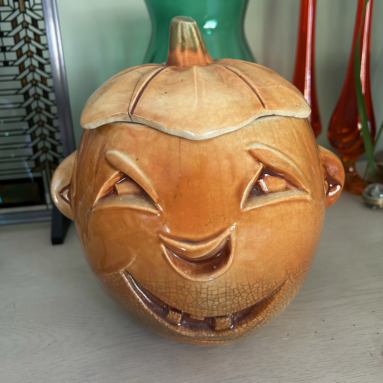 McCoy Pottery Jack o\' Lantern Cookie Jar Lid 1950\'s MCM Carved Pumpkin Rare
