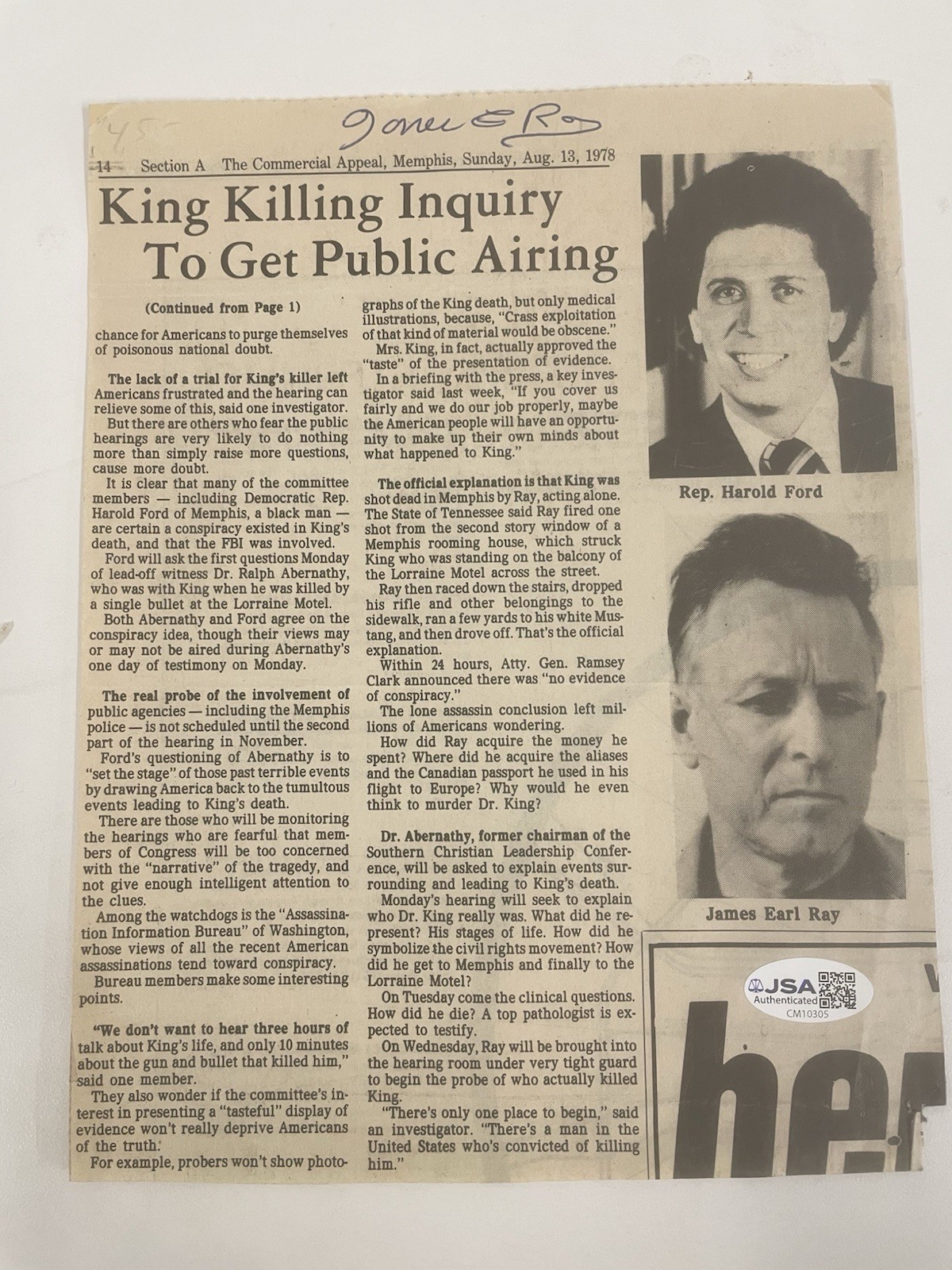 James Earl Ray MLK assassin Signed 1982 Press Clipping JSA Certified