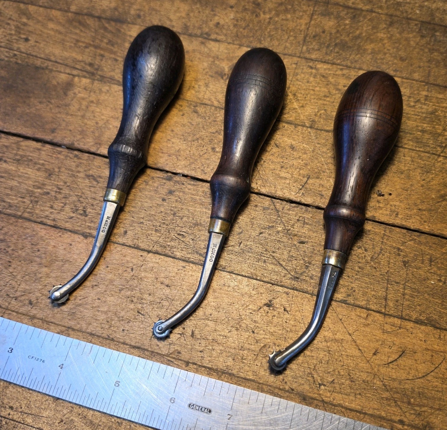 Gorgeous Antique GOMPH Leather EDGE WHEEL Cobbler Tools SET of 3 • Rosewood ☆USA