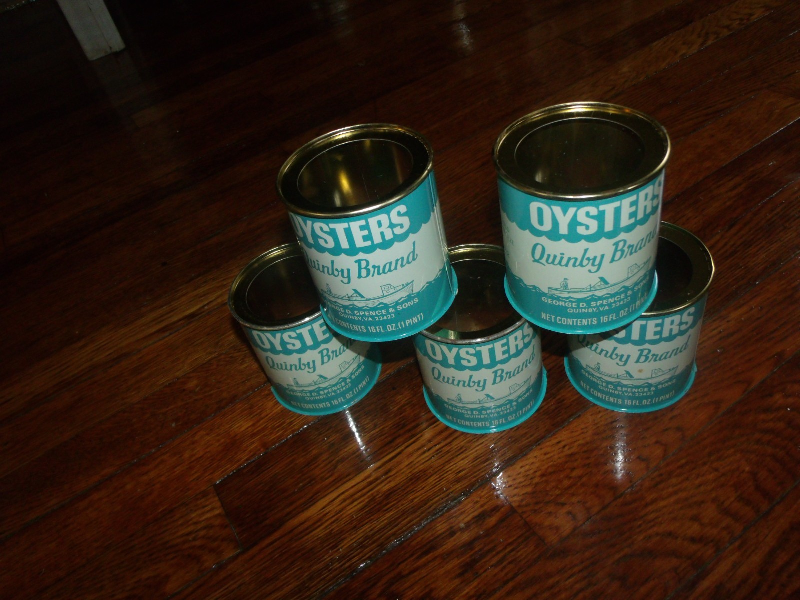 OYSTER CANS(5),NOS,GEORGE D.SPENCE & SONS,WACHAPERAGUE,VA,16 OZ.CLEAR TOP, ESVAS OYSTER CANS(5),NOS,GEORGE D.SPENCE & SONS,WACHAPERAGUE,VA,16 OZ.CLEAR TOP, ESVAS