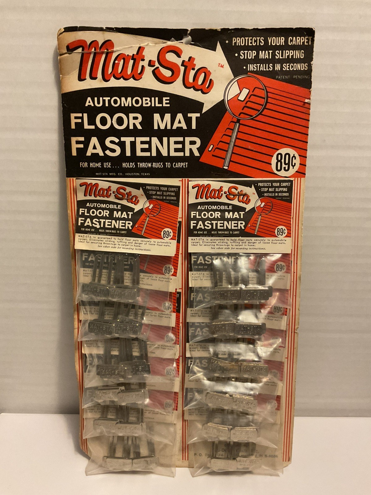 1950s Store Display Card Of Mat-Sta Automobile Floor Mat Fasteners Vintage