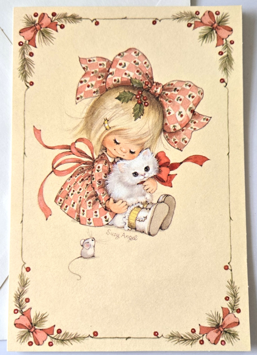 Vintage Christmas Card Angelove Suzy Angel Girl with Kitten and Mouse