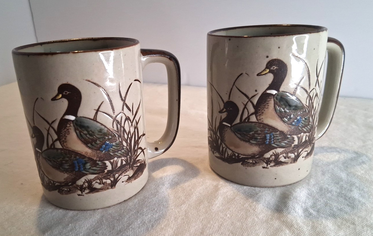 Vintage Otagiri Set Coffee Cup/Mug  Embossed Mallard Ducks Surface  HandPainted 