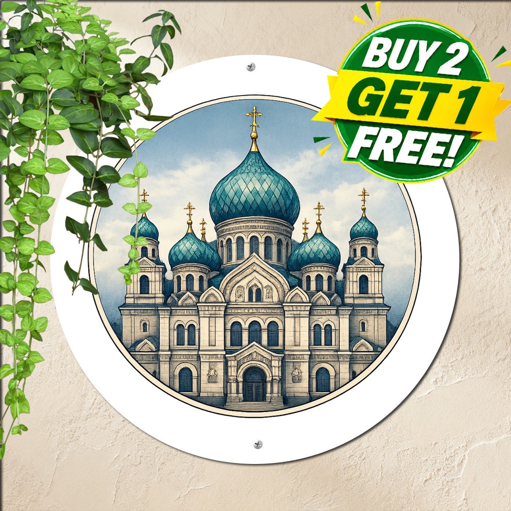 Historic Cathedral Landmark Round Metal Sign Vintage Architecture Tin Plaque