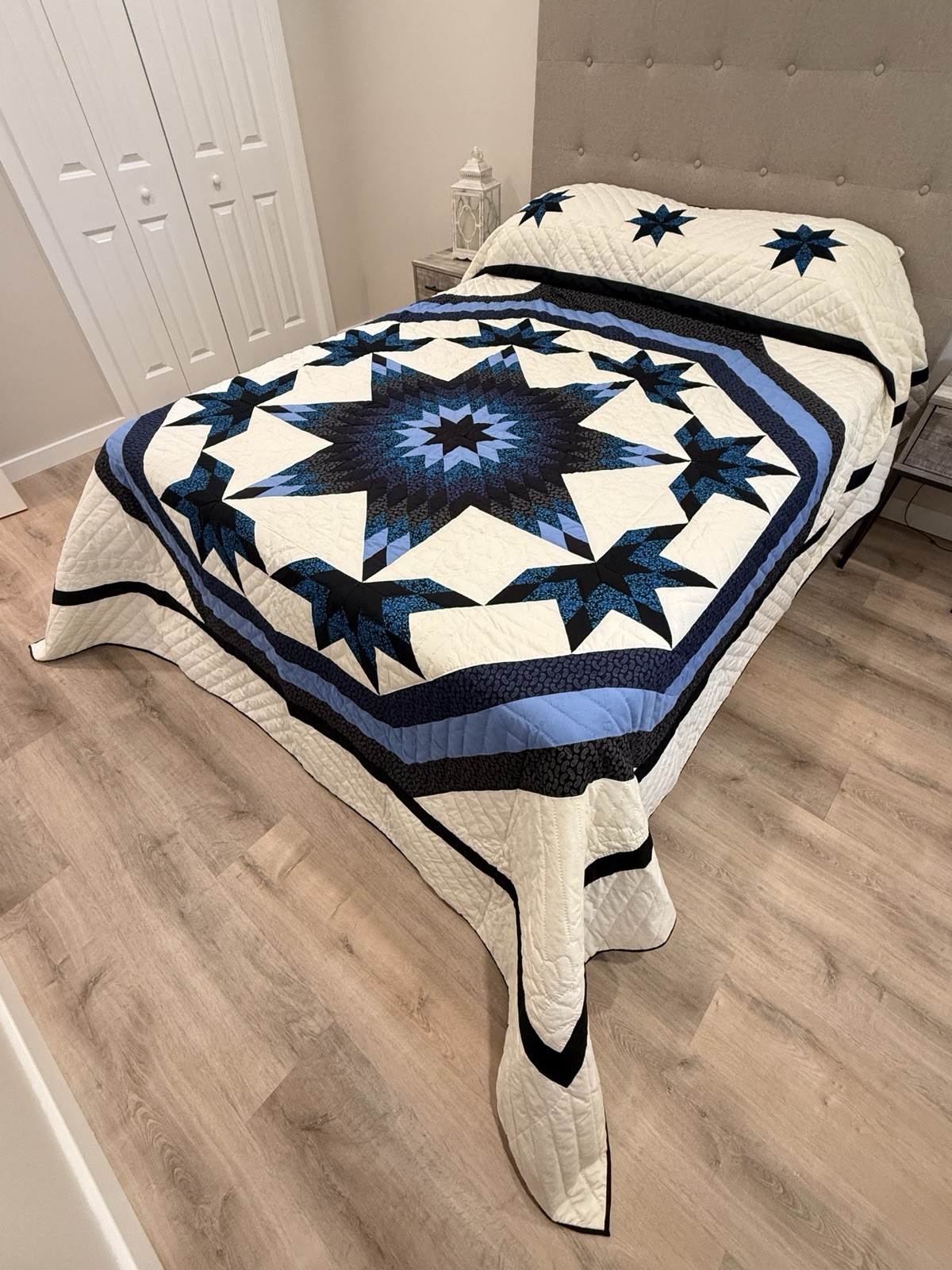 New Amish Quilt Framed Star Blue & Black 101x112 – Handmade in Lancaster PA