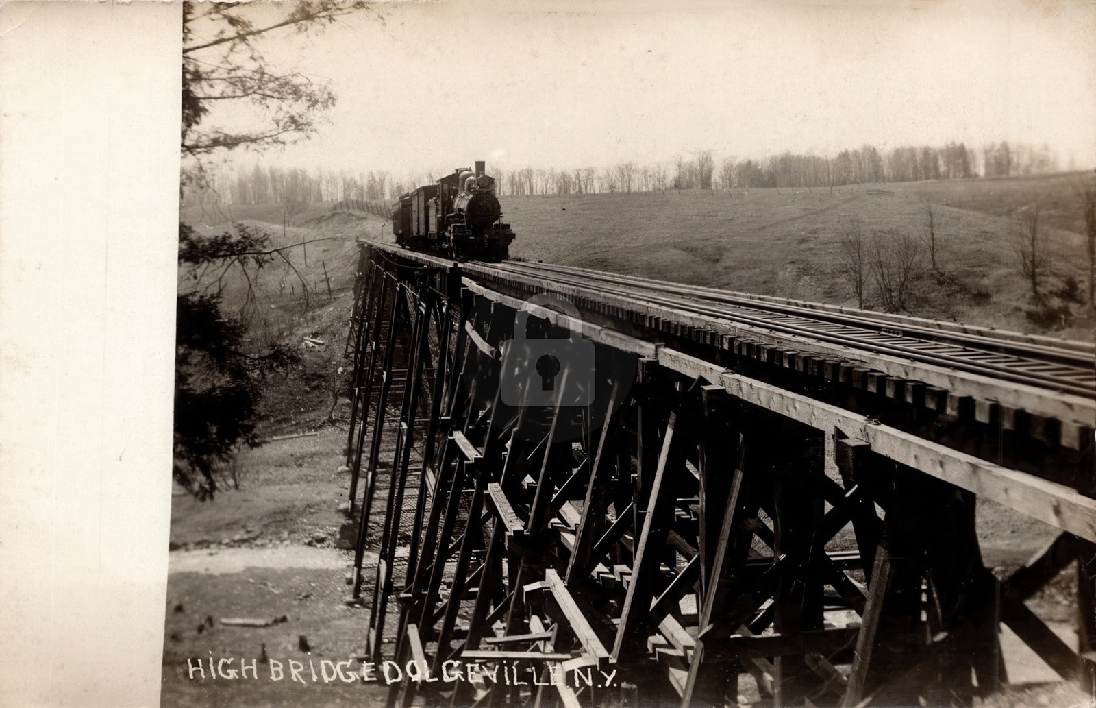 Steam Train Locomotive Trestle Bridge Dolgeville NY RPPC Photo Postcard COPY