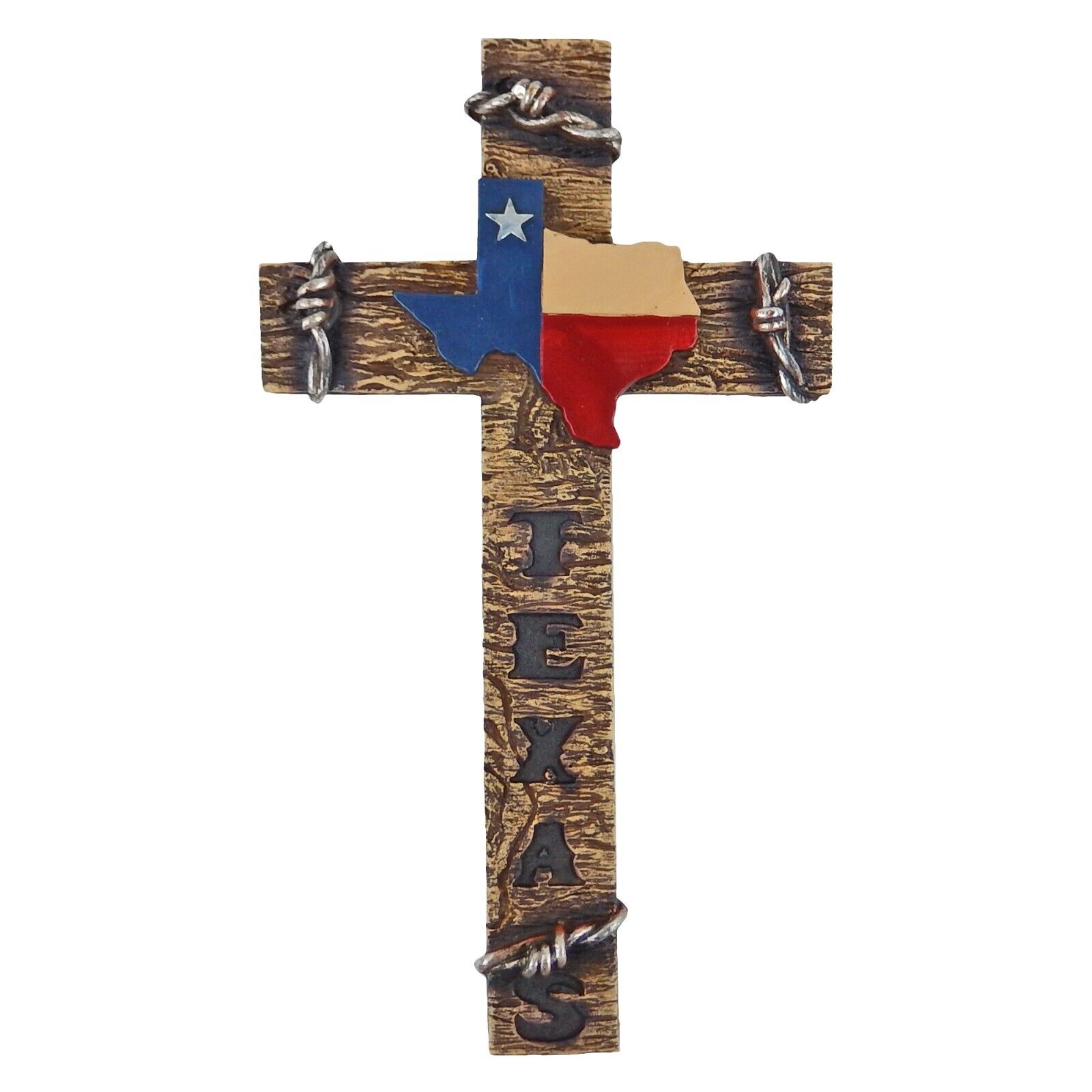 Texas Themed Decorative Wall Cross Faux Wood Map Barbed Wire Accents 13 1/2 inch