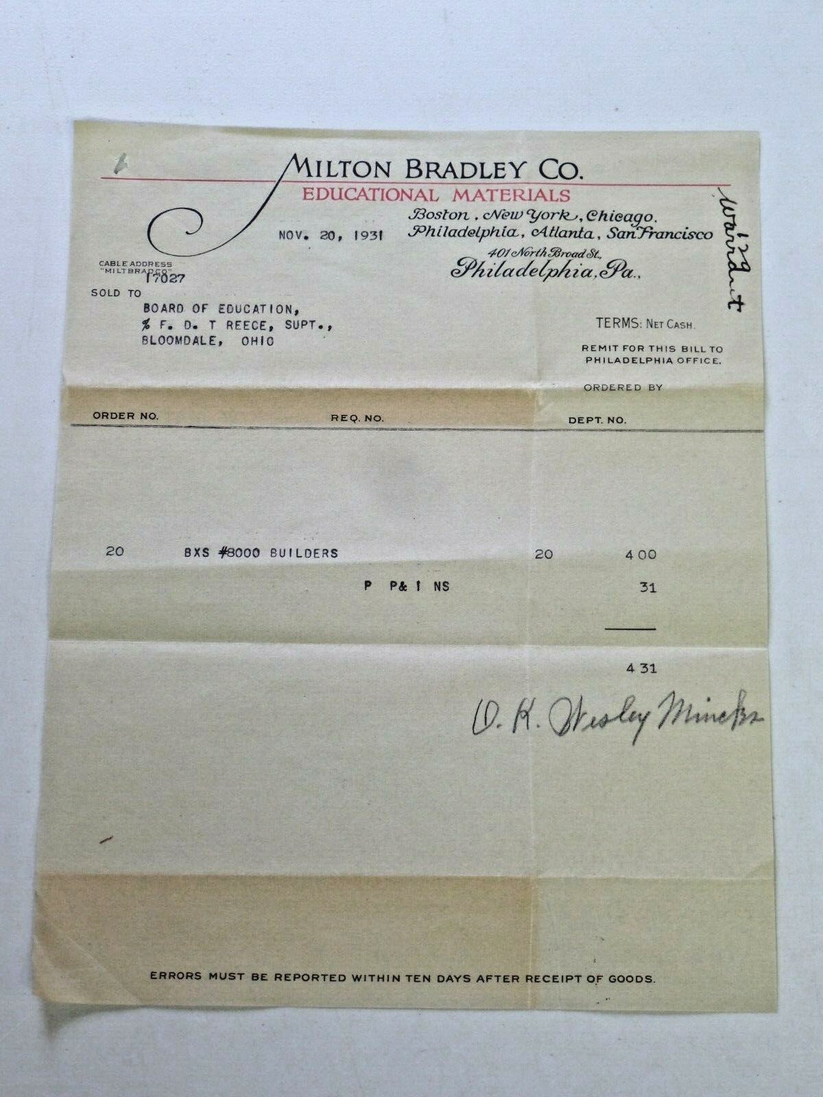 Vtg. 1931 Milton Bradley Correspondence Bloomdale OH Board of Education  5633