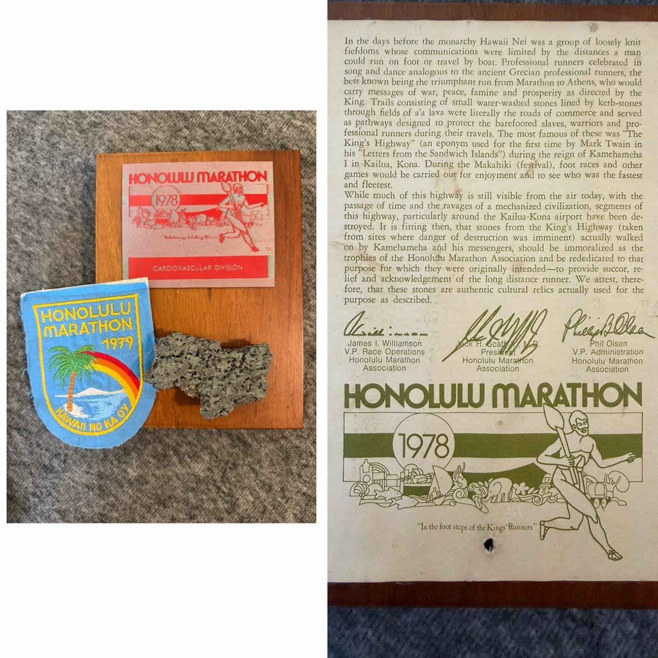 VTG HONOLULU HAWAII MARATHON 1978 AWARD w/KINGS HIGHWAY STONE + COA + 1979 PATCH VTG HONOLULU HAWAII MARATHON 1978 AWARD w/KINGS HIGHWAY STONE + COA + 1979 PATCH