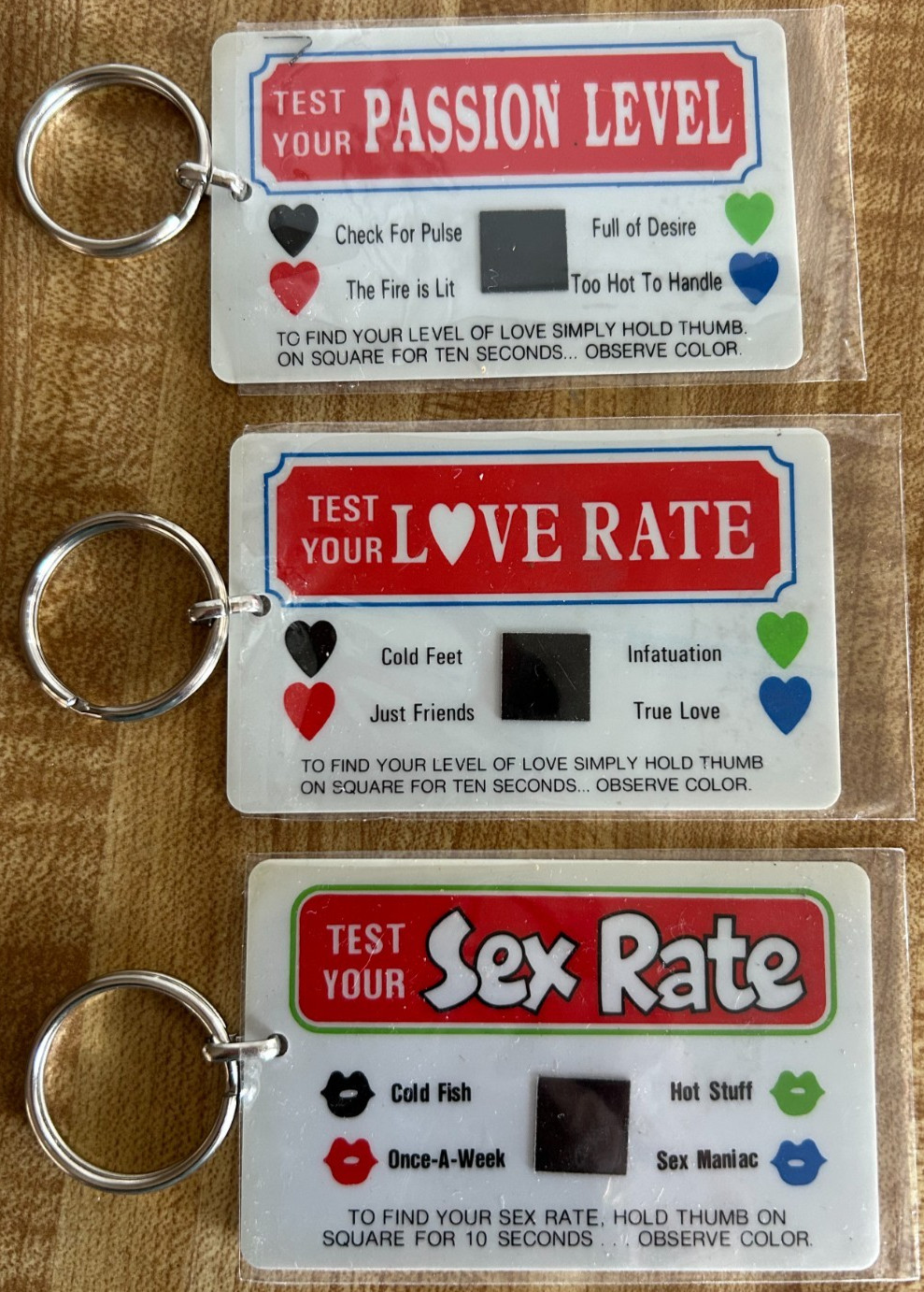 3 VTG Novelty Mood Keychains NOS Sex, Love, Passion Rate, Heat Sensing, 70s-80s 3 VTG Novelty Mood Keychains NOS Sex, Love, Passion Rate, Heat Sensing, 70s-80s