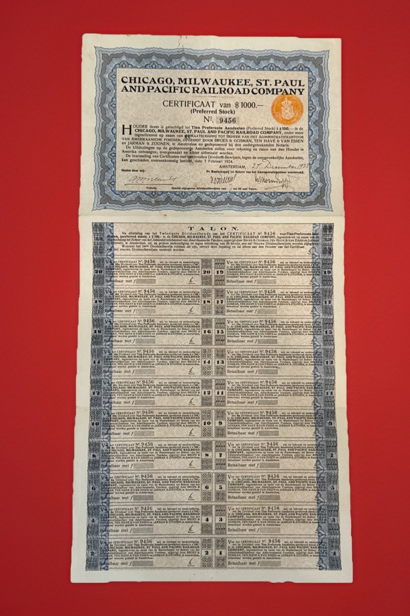 RARE 1935 Chicago, Milwaukee St. Paul & Pacific Railroad Dutch Bond w/Coupons