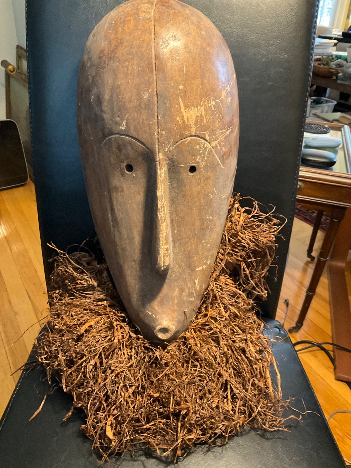Vintage African Congo Lega Bwami Society Tribal Mask w/ Raffia Beard