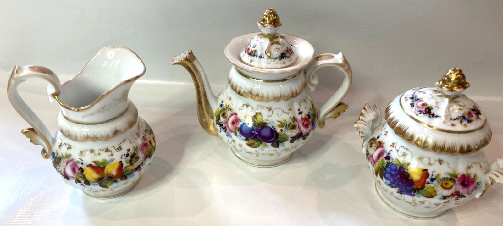 Antique Old Paris Porcelain 19th Century Tea Set Hand Painted 3 Pc w/lids Antique Old Paris Porcelain 19th Century Tea Set Hand Painted 3 Pc w/lids