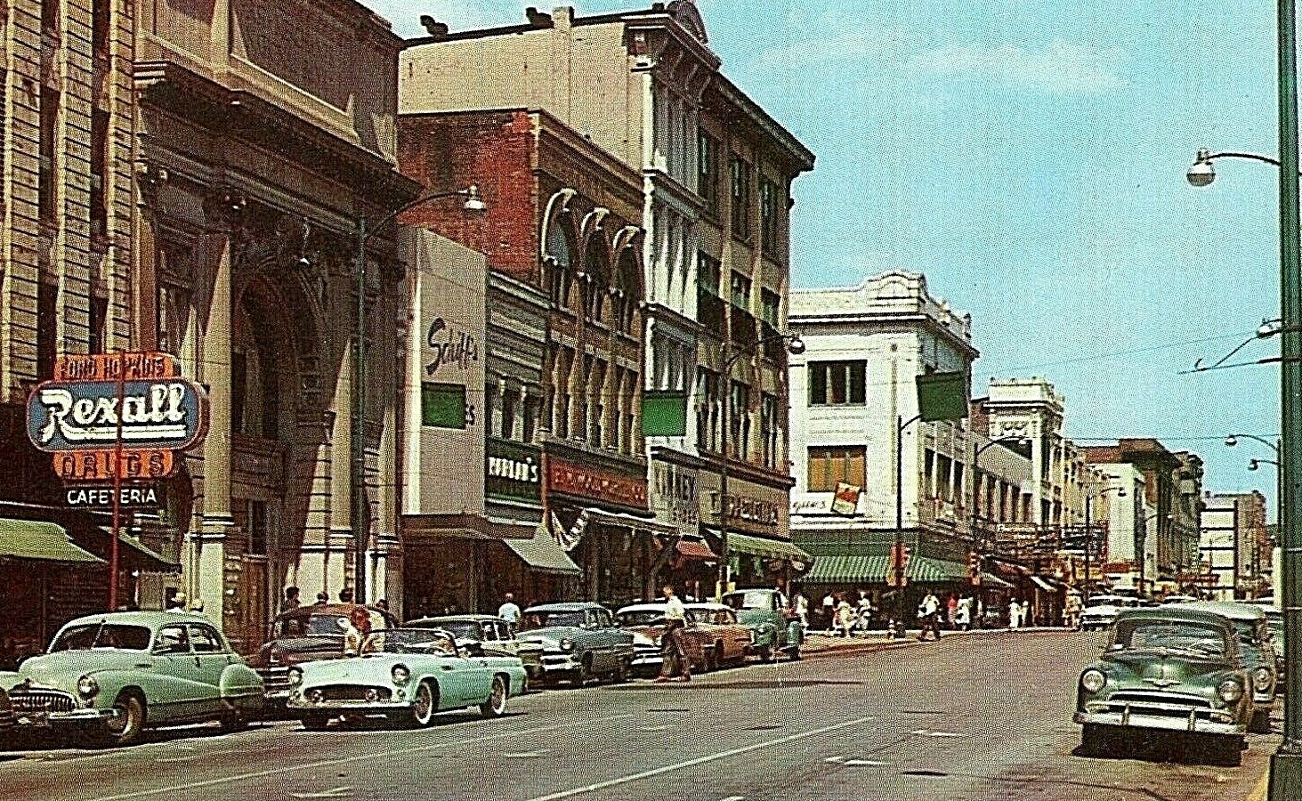 Postcard  View of Main Street and Rexall Drugs in Lafayette, IN.   R9