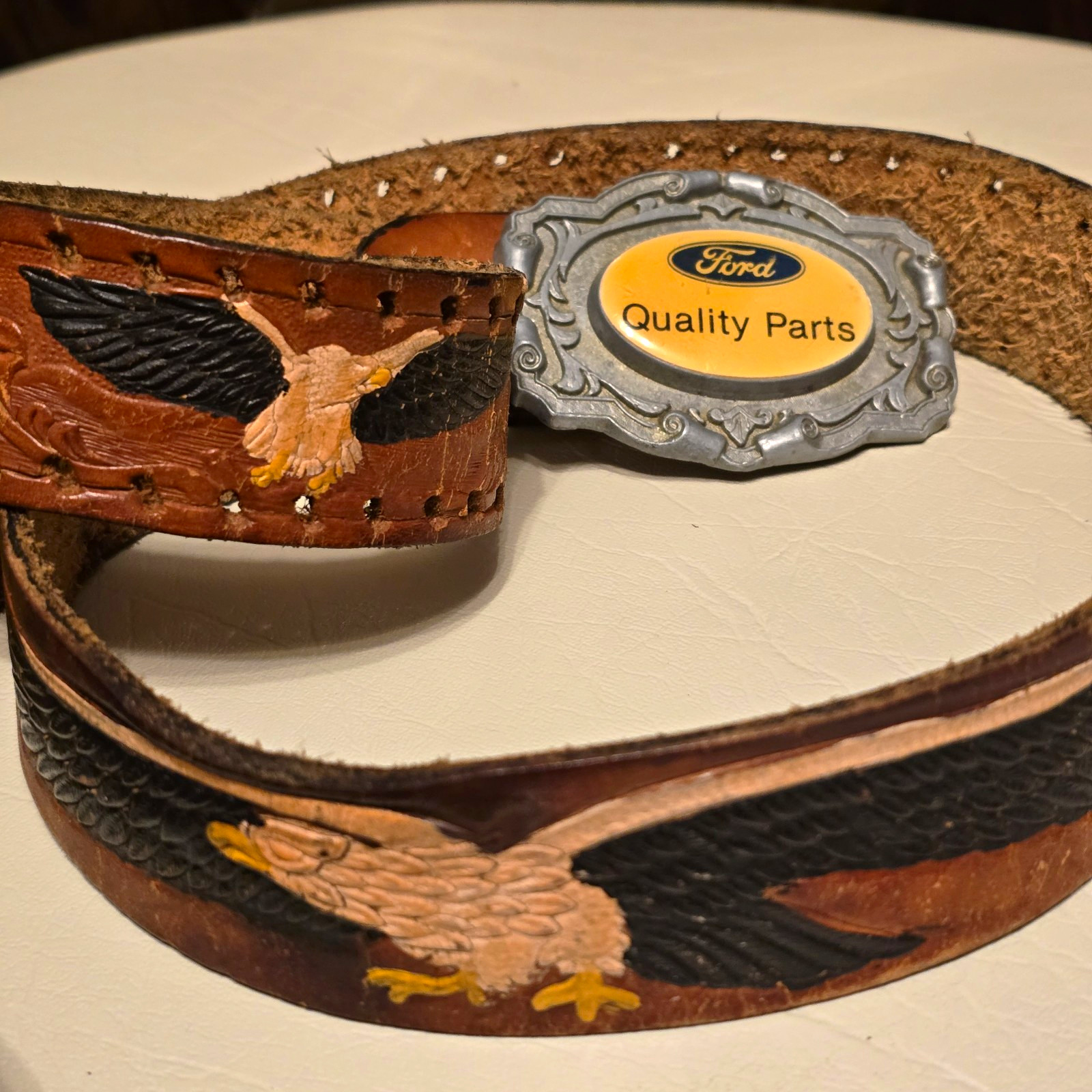 ​Vintage Ford Buckle Tooled Leather Belt Painted Eagle Americana Western Sz 38