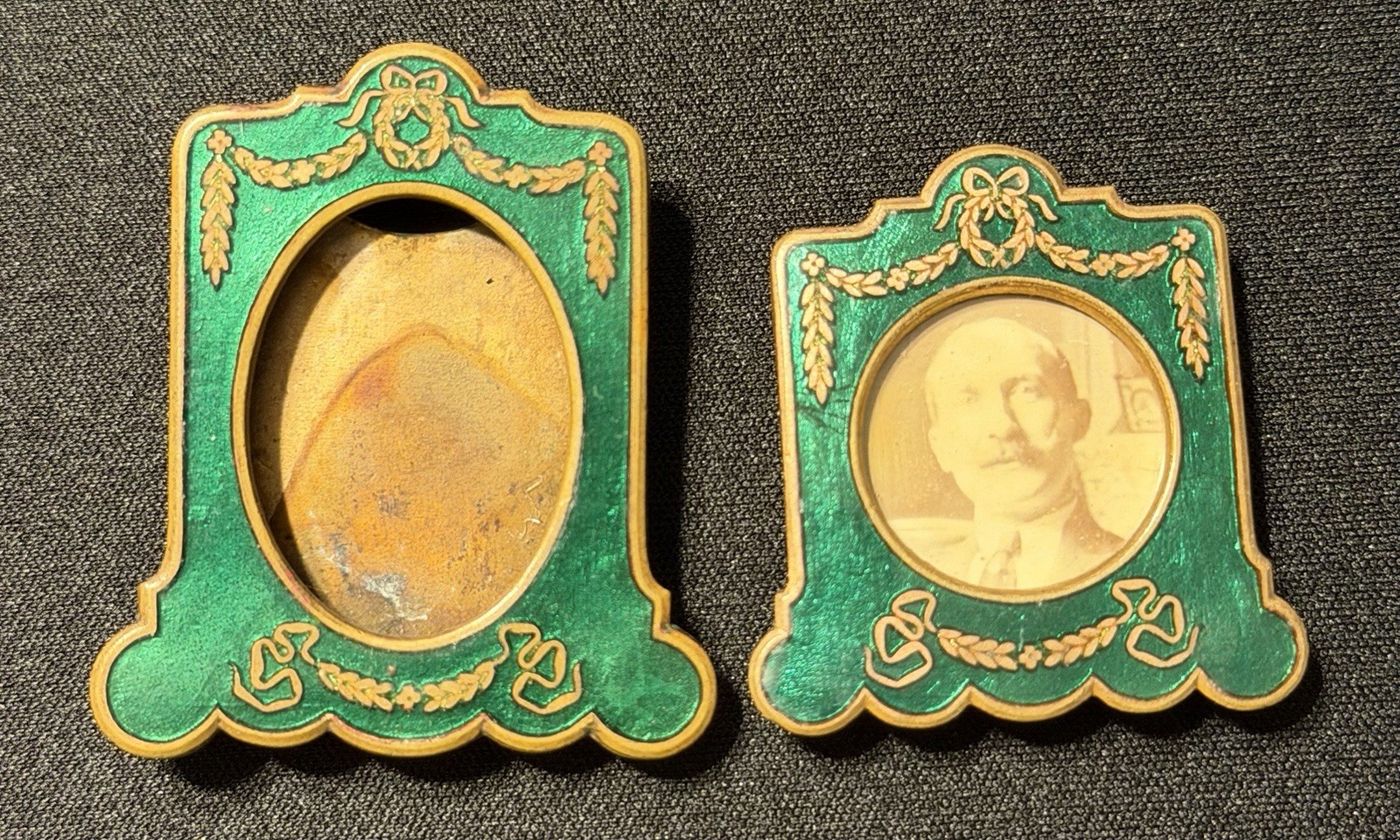 Antique Miniature Victorian Green Gold Enamel Picture Frame Lot Of 2