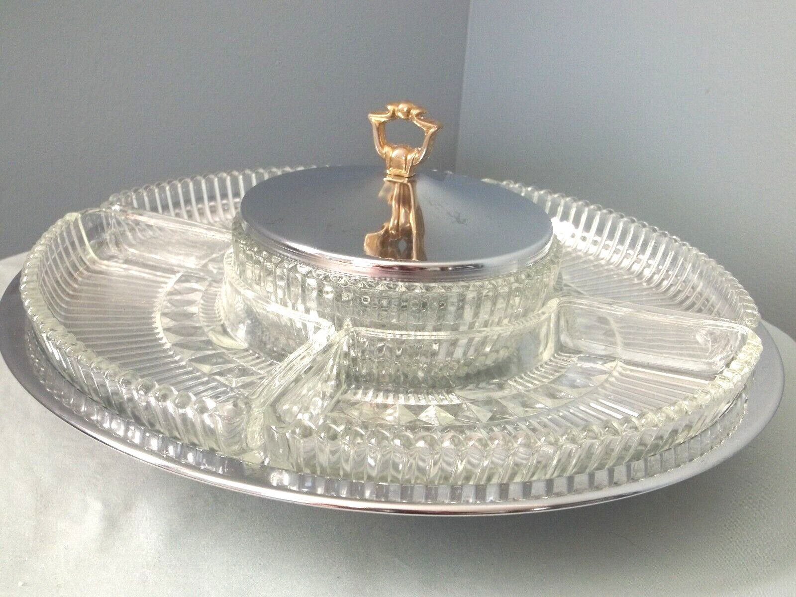 KROMEX REVOLVING LAZY SUSAN 7 PC CHROME W/GLASS INSERTS COVERED CENTER DISH