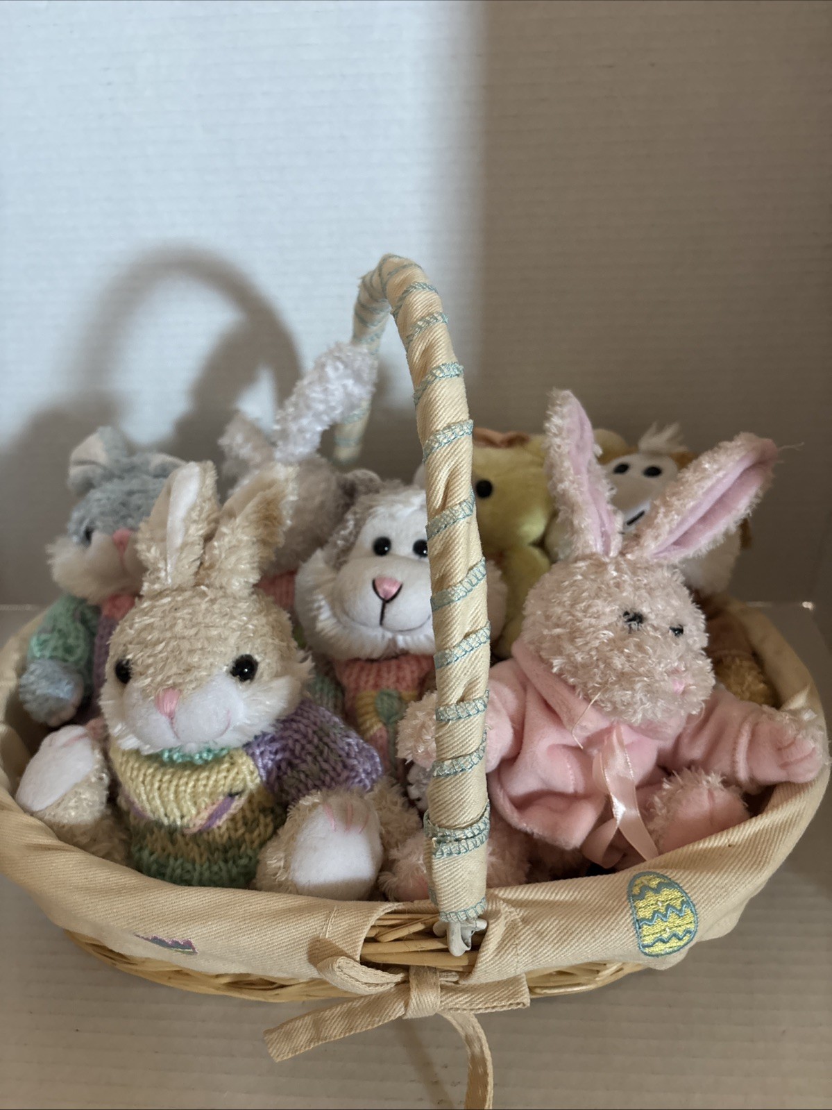 Vintage Easter 1999 Basket Of Bunnies Chrisha Playful Plush 7 Easter Bunnies
