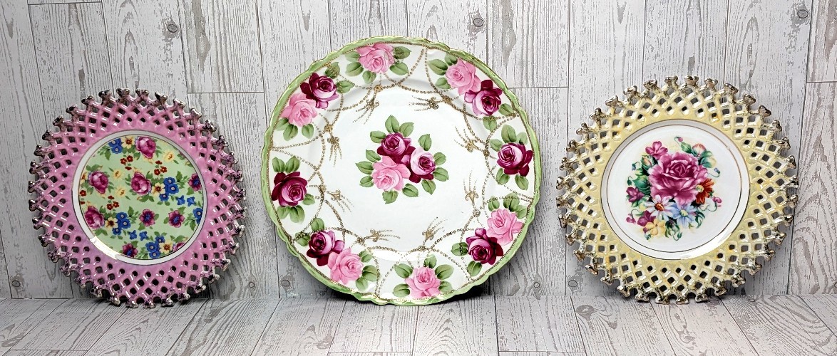 Vintage Mismatched Plates French Country Cottage Wall Gallery Floral Reticulated