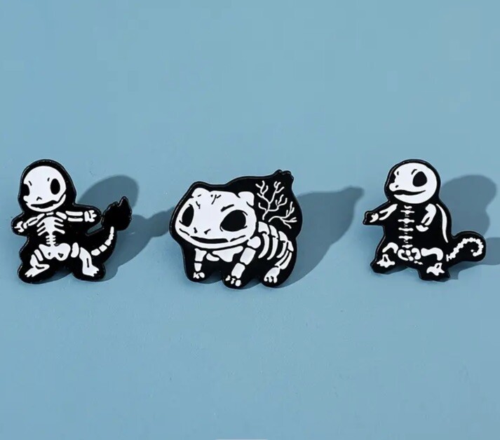 POKEMON SKELETON PIN SET (3pcs) Charmander/Squirtle/Bulbasaur Enamel Brooch Lot