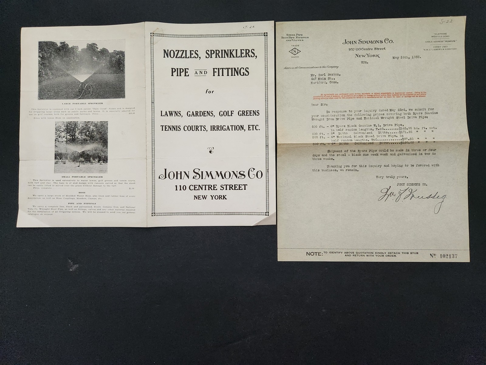 1923 antique JOHN SIMMONS Co ny LETTER AD sprinklers irrigation nozzles