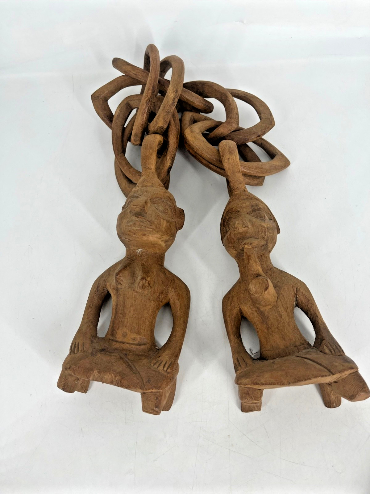 African Art Hand-Carved Wood Art  Link Chain & Tribal Fertility Sculpture