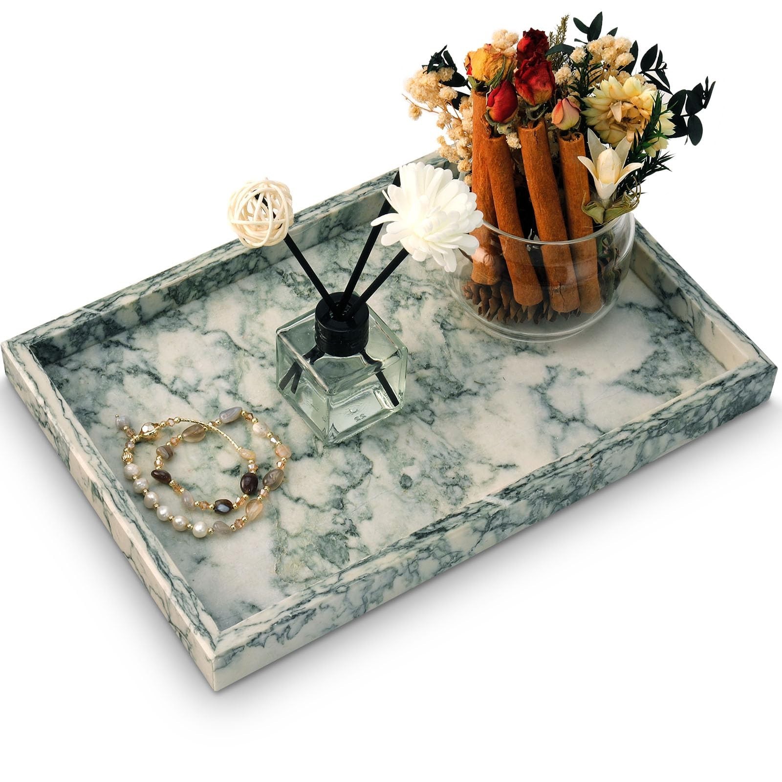 Natural Marble Bathroom Tray - 12x8 Inch Stone Vanity & Kitchen Counter Organize
