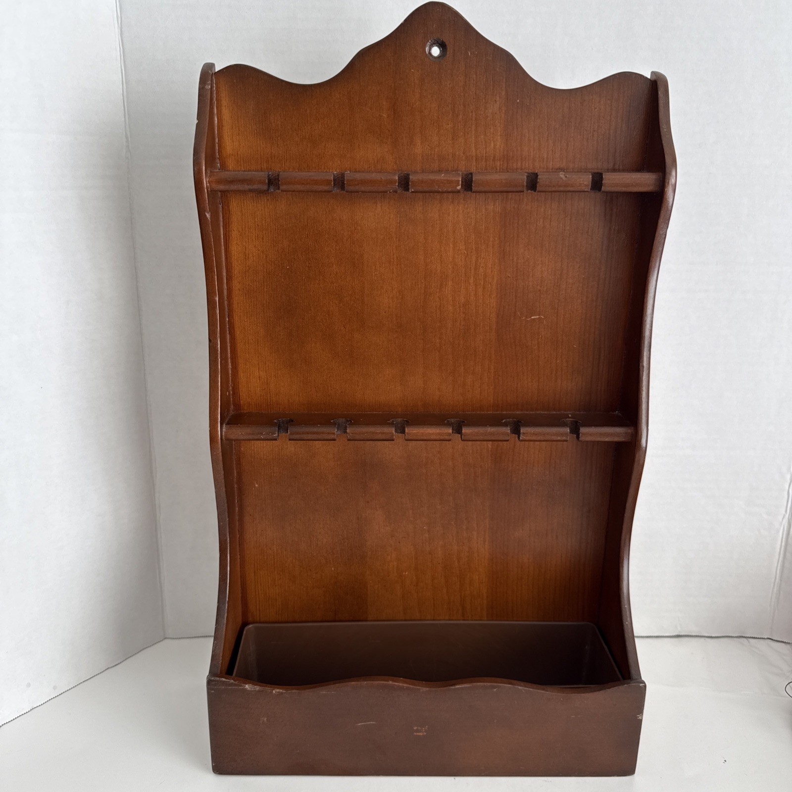 Vintage Wood Souvenir Spoon Rack 12 Slot Wall Mount Display w/ Bottom Tray