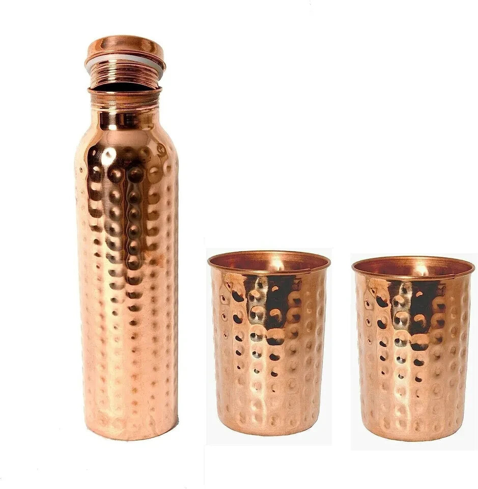 Pure Hammered Copper Water Bottle With 2 Hammered Glass Set Of 3 For Ayurveda Pure Hammered Copper Water Bottle With 2 Hammered Glass Set Of 3 For Ayurveda