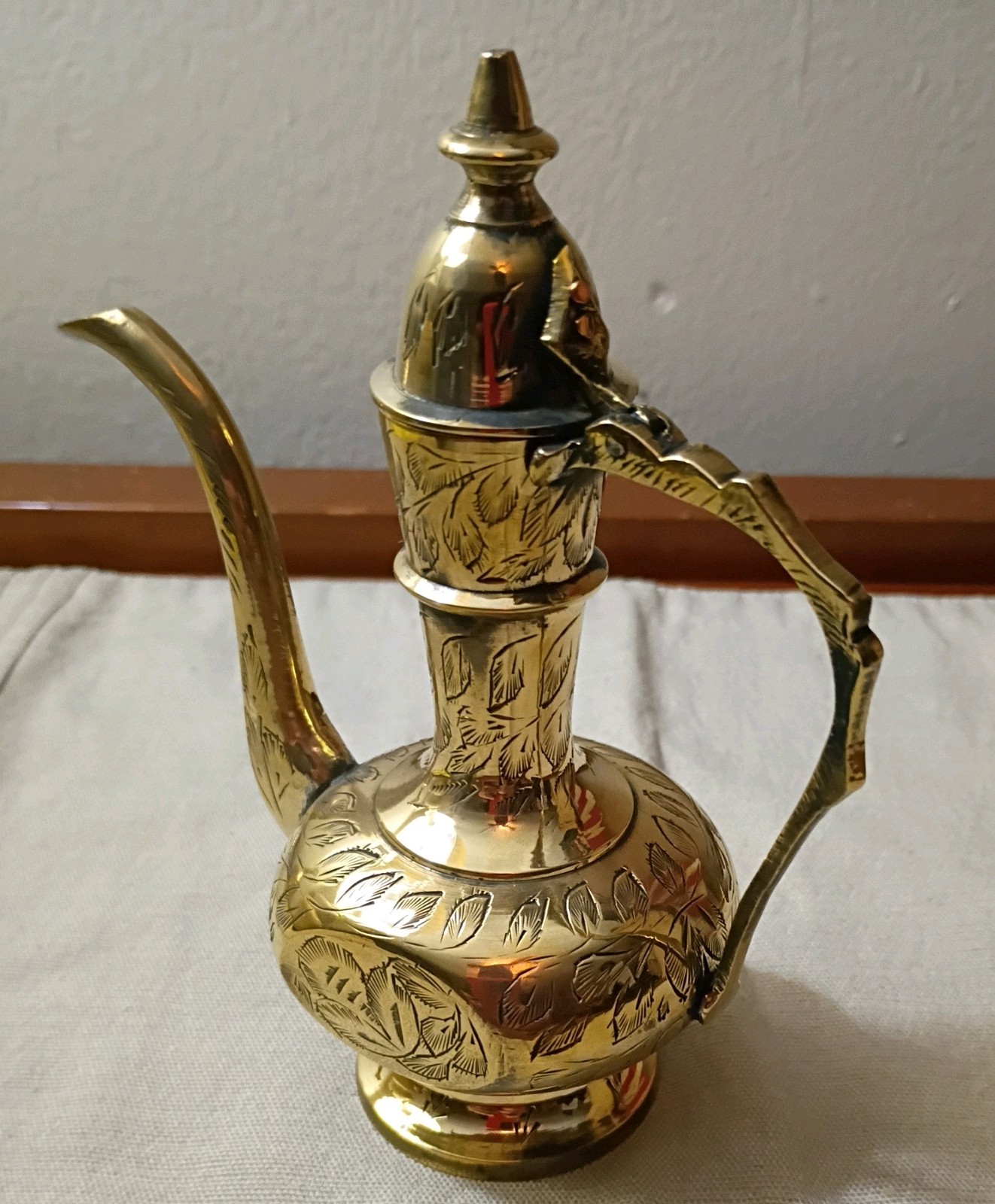 Rare Vintage Engraved Polished Brass Aftaba Pitcher, Mid-20th Century Rare Vintage Engraved Polished Brass Aftaba Pitcher, Mid-20th Century