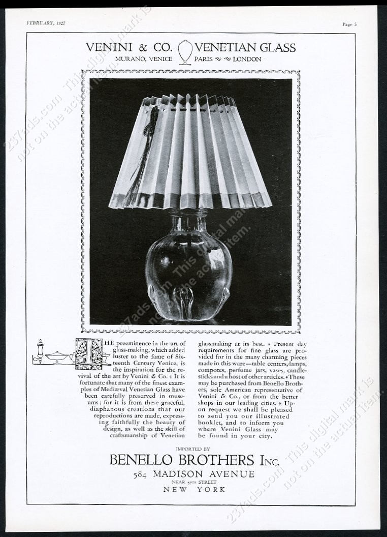1927 Paolo Venini Murano glass lamp photo Benello Brothers NYC vintage print ad