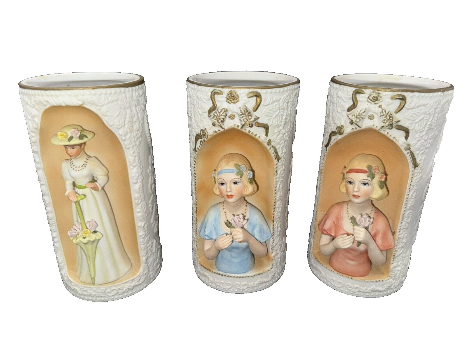Vintage Enesco Set of 3 Lady 3D Porcelain Vases Victorian Floral Gold Trim Vintage Enesco Set of 3 Lady 3D Porcelain Vases Victorian Floral Gold Trim
