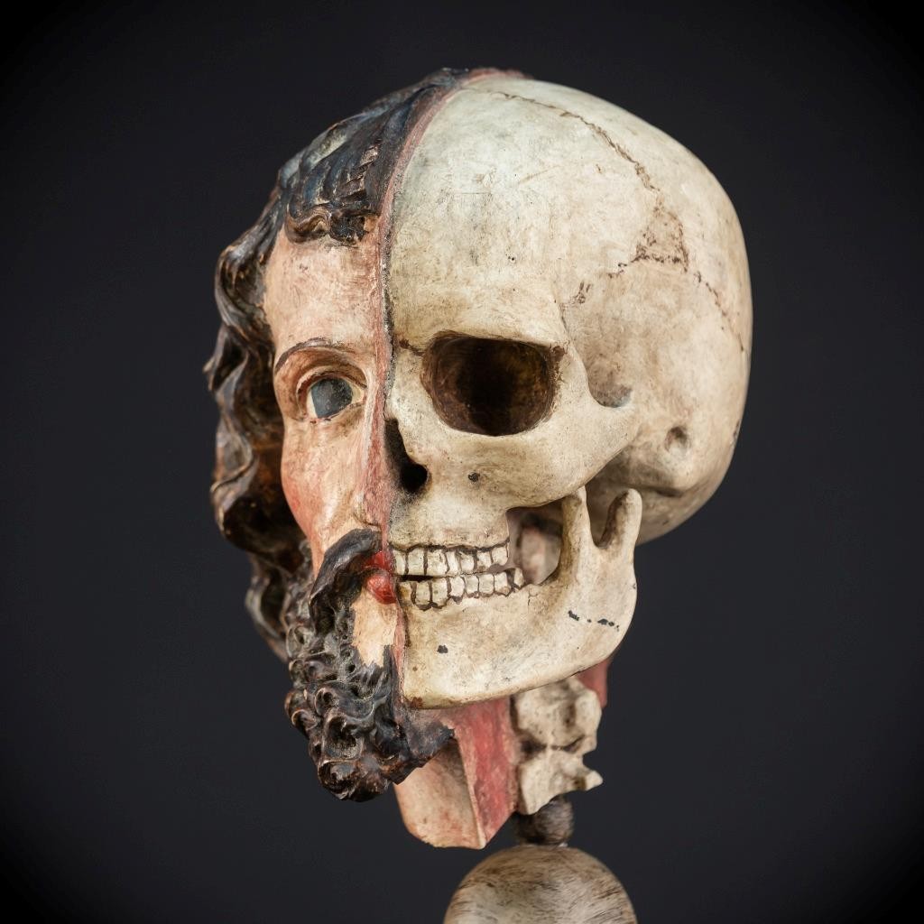 Memento Mori 18th C | Christ and Death 1700s Wooden Double Skull Face | 16.9”_