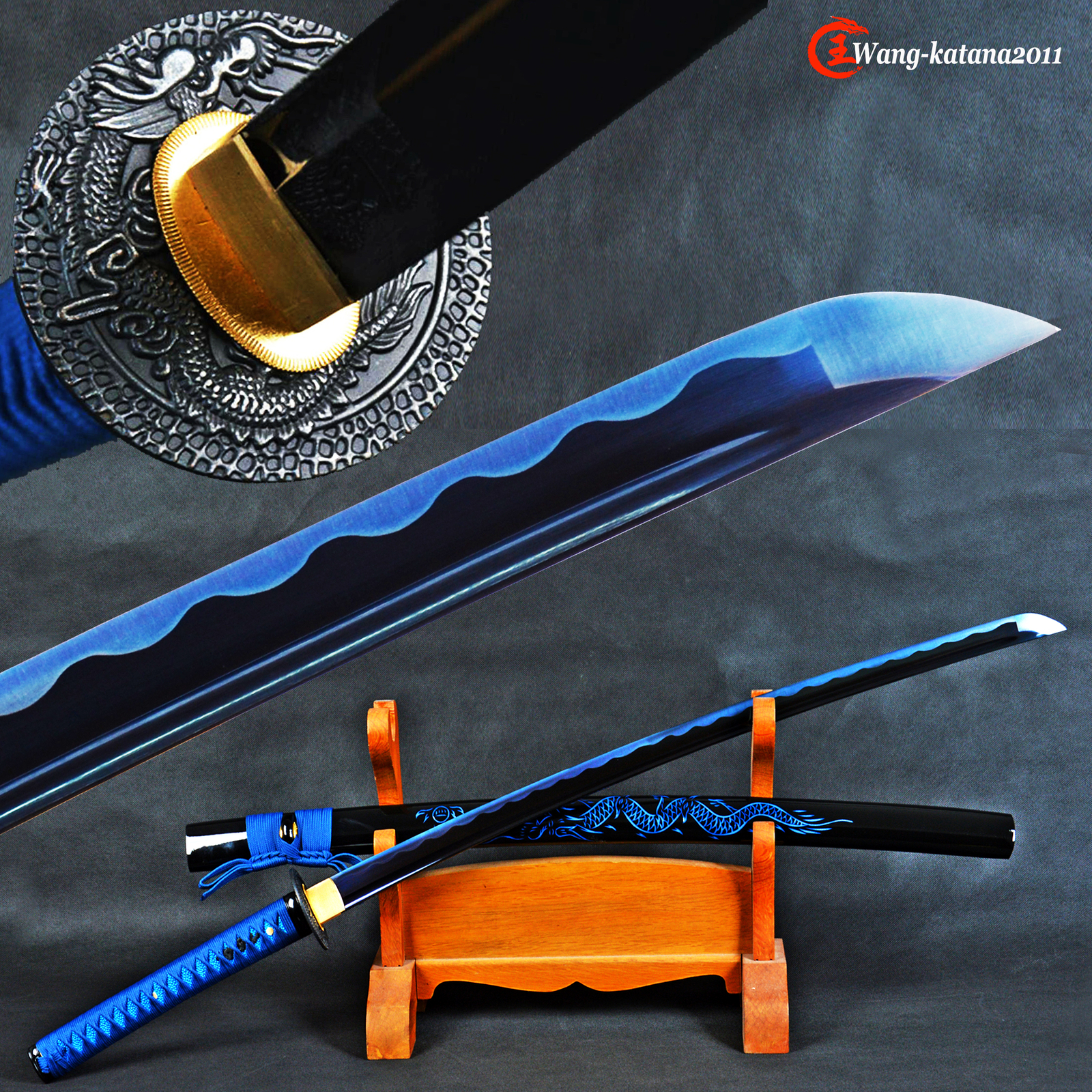 Sharp Full Tang All Blue Japanese Samurai Katana Sword 1095 Steel Dragon Sheath