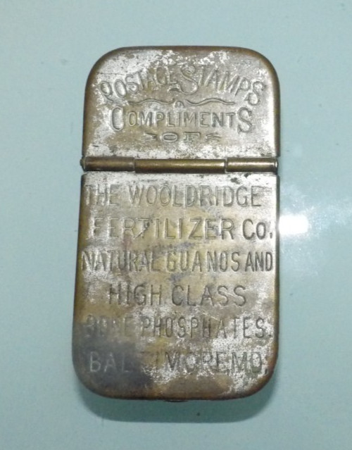 Antique Brass Postage Stamps / Match box with Ad. Baltimore Md.