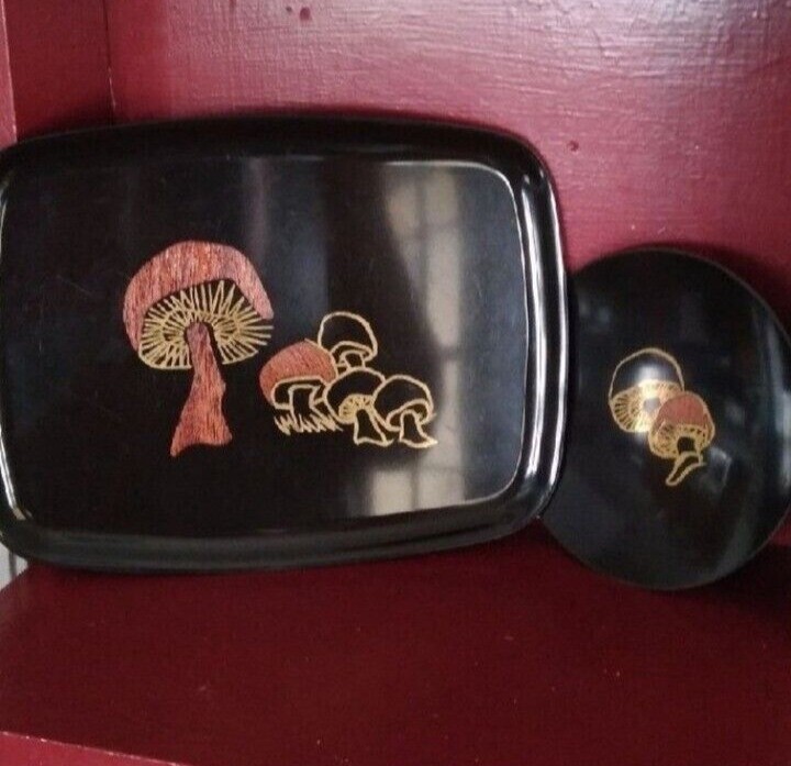 Vintage Couroc Merry Mushroom Tray & Plate MCM Serving California USA Pyrex