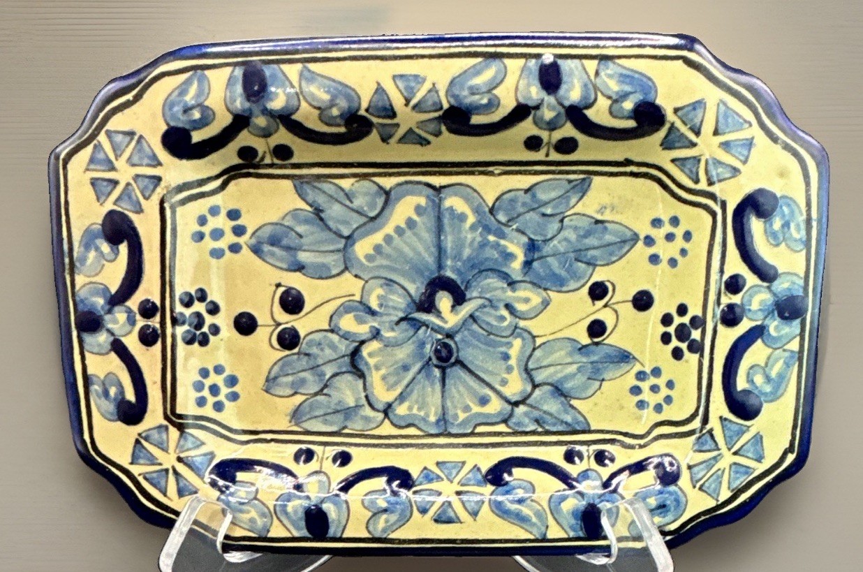 Talavera Hernandez Signed Pottery Rectangular Dish Pueblo Mexico 8.5 x 5.5 Blue