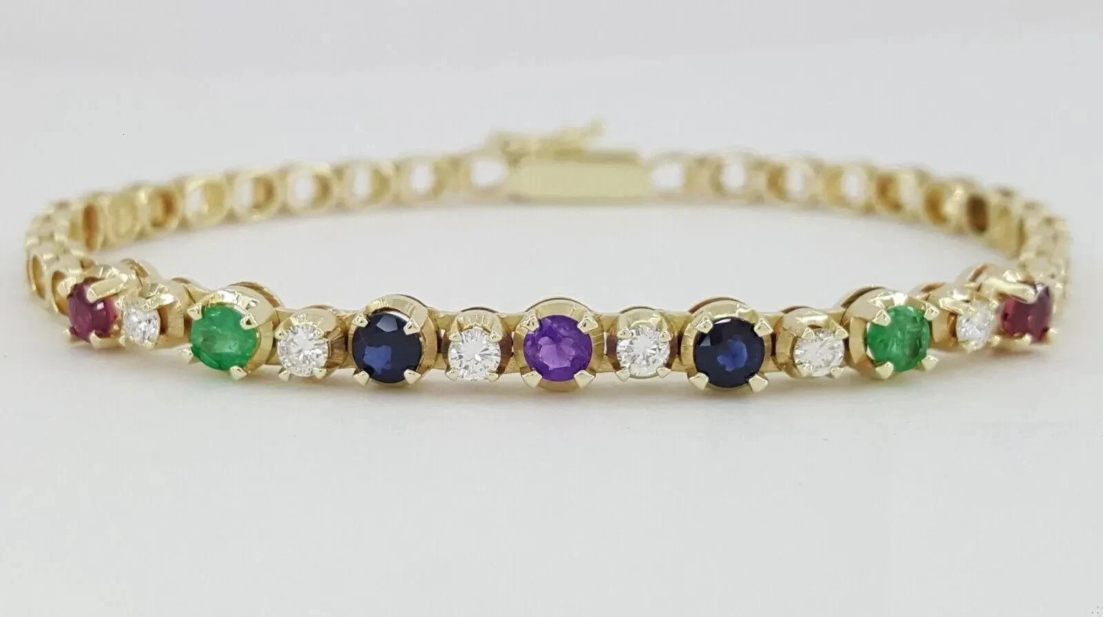 Diamond Ruby Emerald Sapphire Amethyst Tennis Bracelet 14K Yellow Gold Over 7