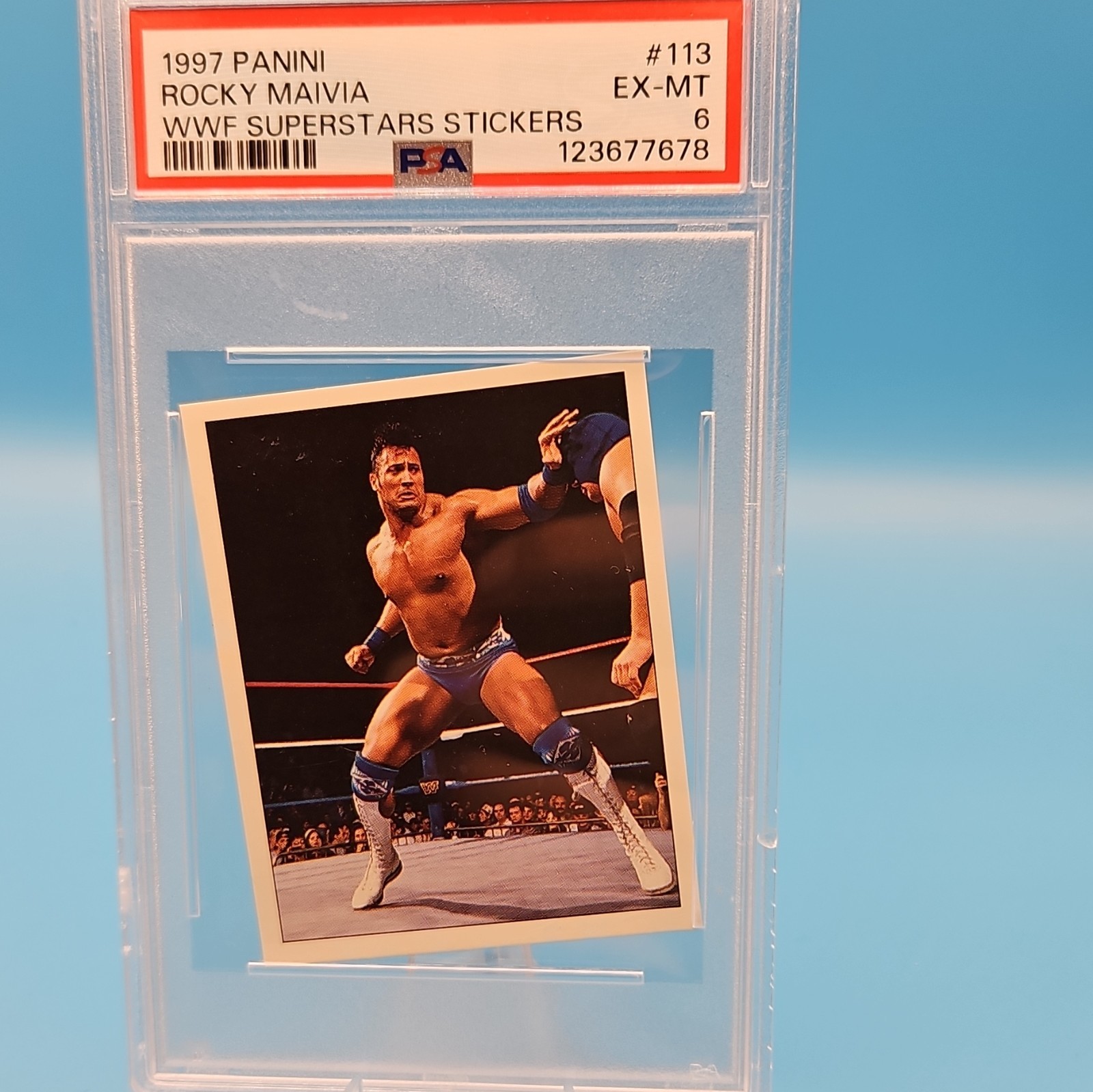 Panini 1997 WWF Superstars Stickers #113 Rocky Maivia Sticker PSA 6 Panini 1997 WWF Superstars Stickers #113 Rocky Maivia Sticker PSA 6
