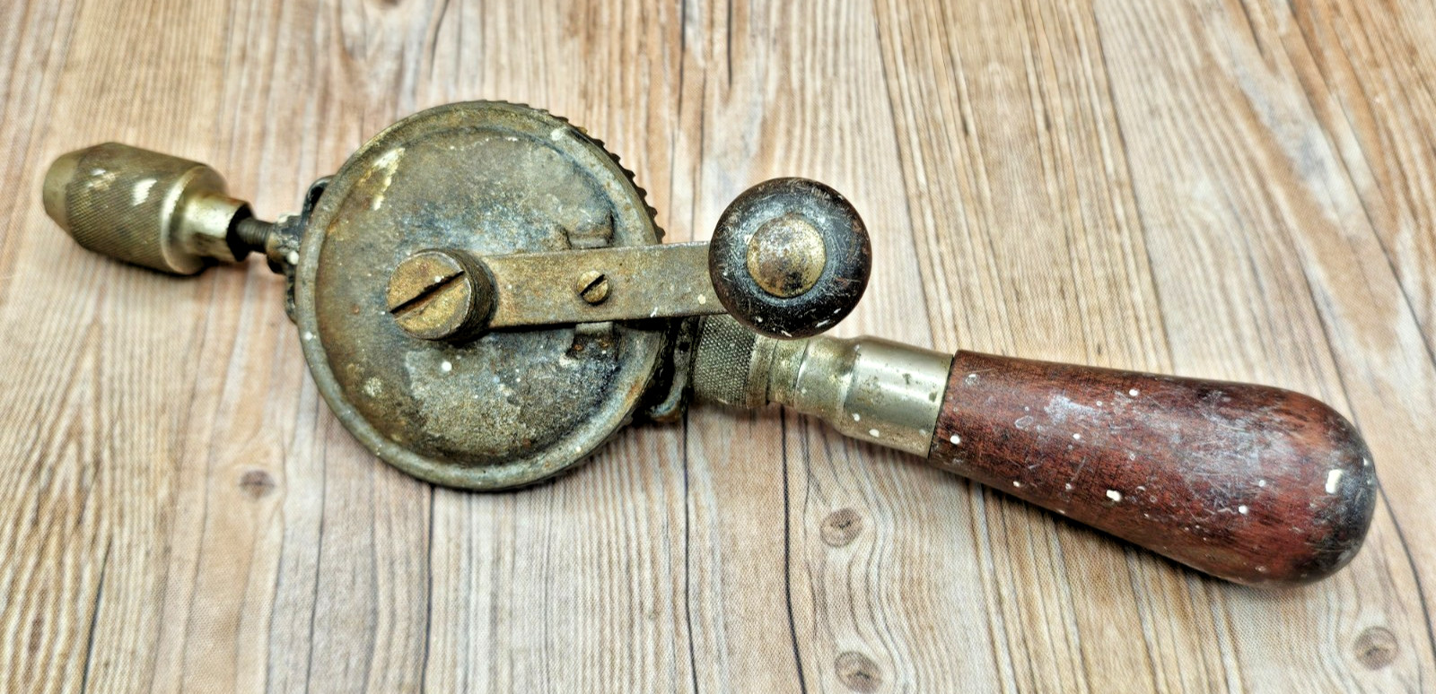 Hand Drill Vintage Eggbeater Style Metal with Wooden Handles Works Has Wear