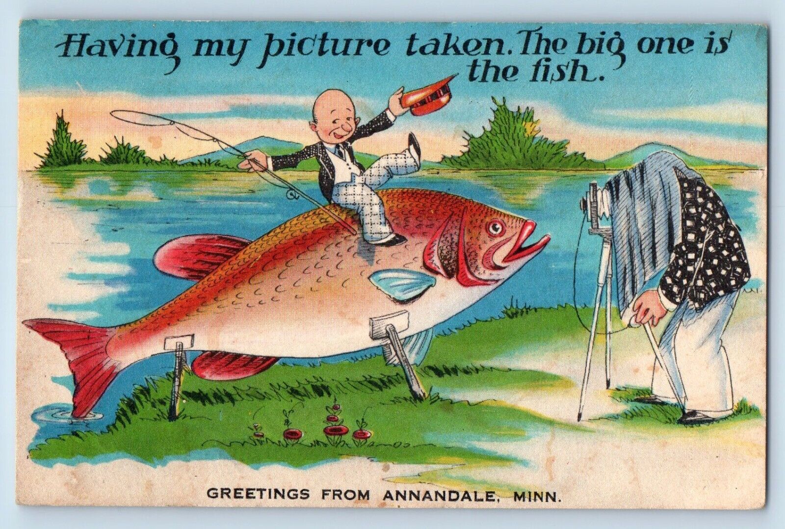 Annandale Minnesota Postcard Greetings Exaggerated Fishing Picture 1958 Vintage