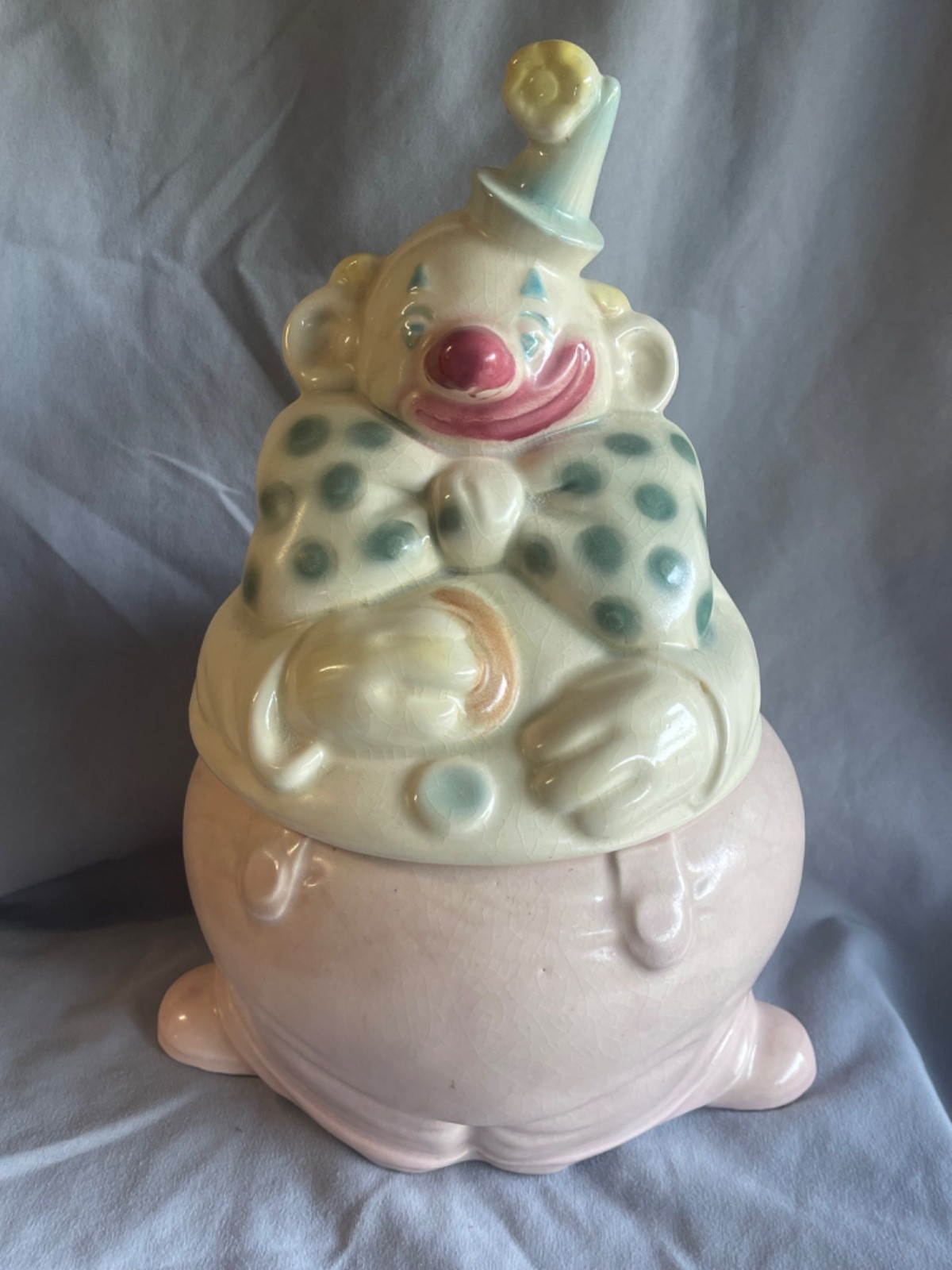 Brush McCoy Clown Cookie Jar W22 USA Pastel Pink Bottom 1959 13 x 8 inch Vintage Brush McCoy Clown Cookie Jar W22 USA Pastel Pink Bottom 1959 13 x 8 inch Vintage