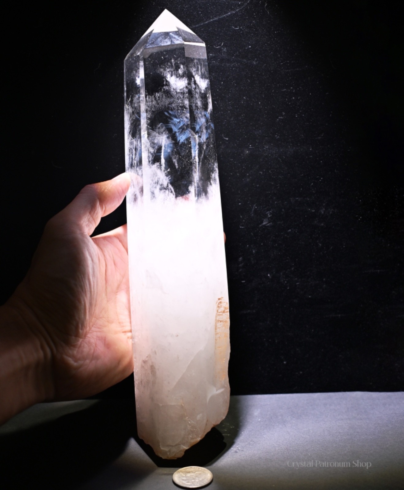 Large Clear Quartz Tower Blue Needle Inclusion Crystal w/ Wood Stand 11