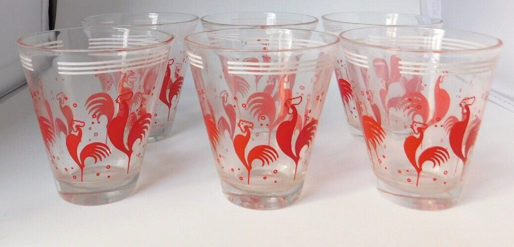 Vintage Set of 6  Red Rooster  White Stripe Juice Double Shot Glass  MCM Barware