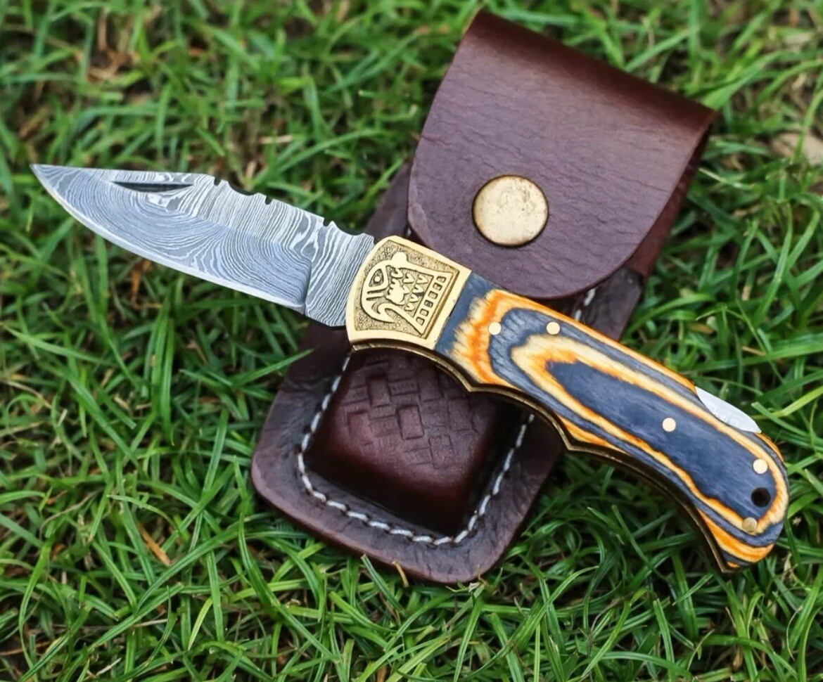 Handmade Damascus Steel Folding Blade Pocket Knife-Lock Back-Egale Engraved