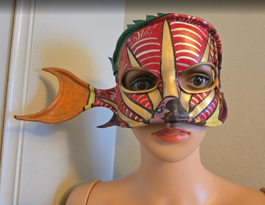 Vintage Jim Gibeault Signed Leather Fish Mask New Orleans Mardi Gras Folk Art