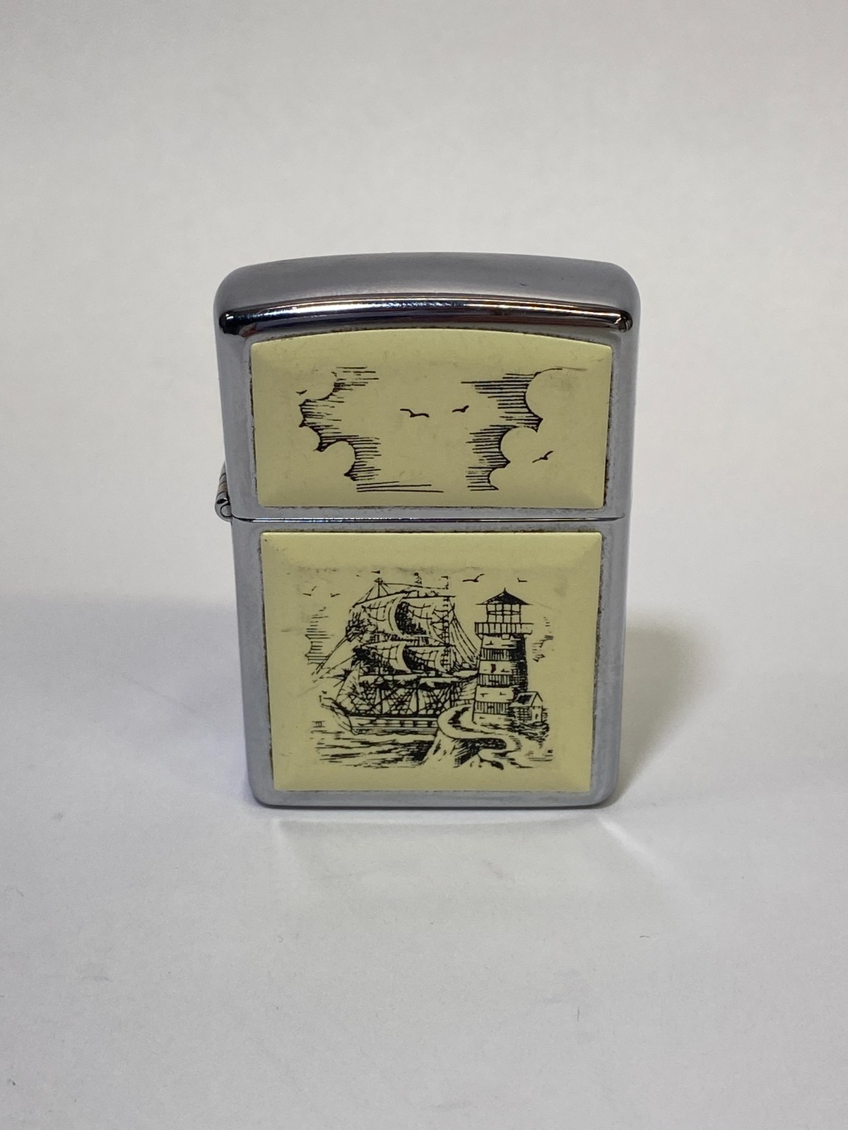 Vintage 1996 Zippo Ship Lighthouse Scrimshaw Inlay Lighter USA